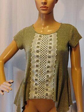 Knit Works | Green Cap Sleeve Top with White Lace Inlay | XL | Like New